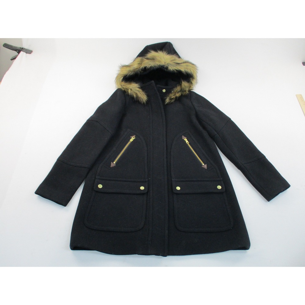 J CREW Stadium Cloth Nello Gori Black Fuscia Faux Fur Hood Women's Coat Size 2